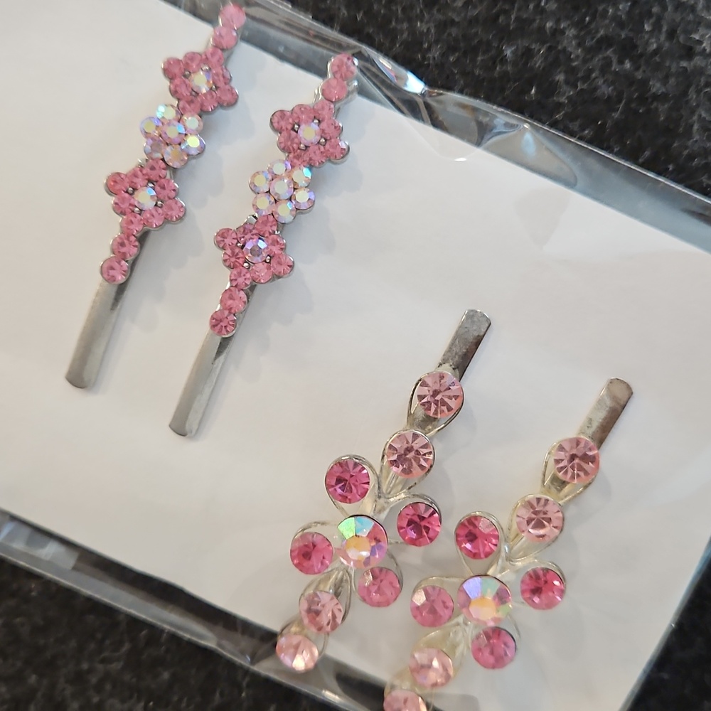 Set of 4 Pink and Aurora Borealis Rhinestone hair pins Special Occasion Bun - Picture 6 of 6